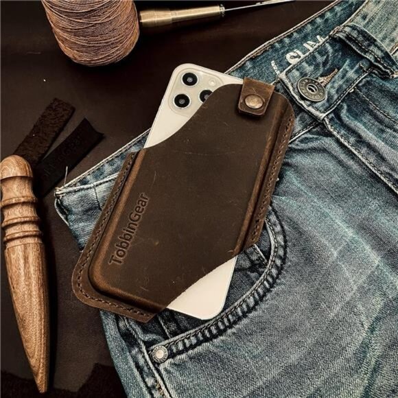Leather Cell Phone Holster with Belt Clip, Leather Belt Phone Pouch, Universal - Picture 6 of 7